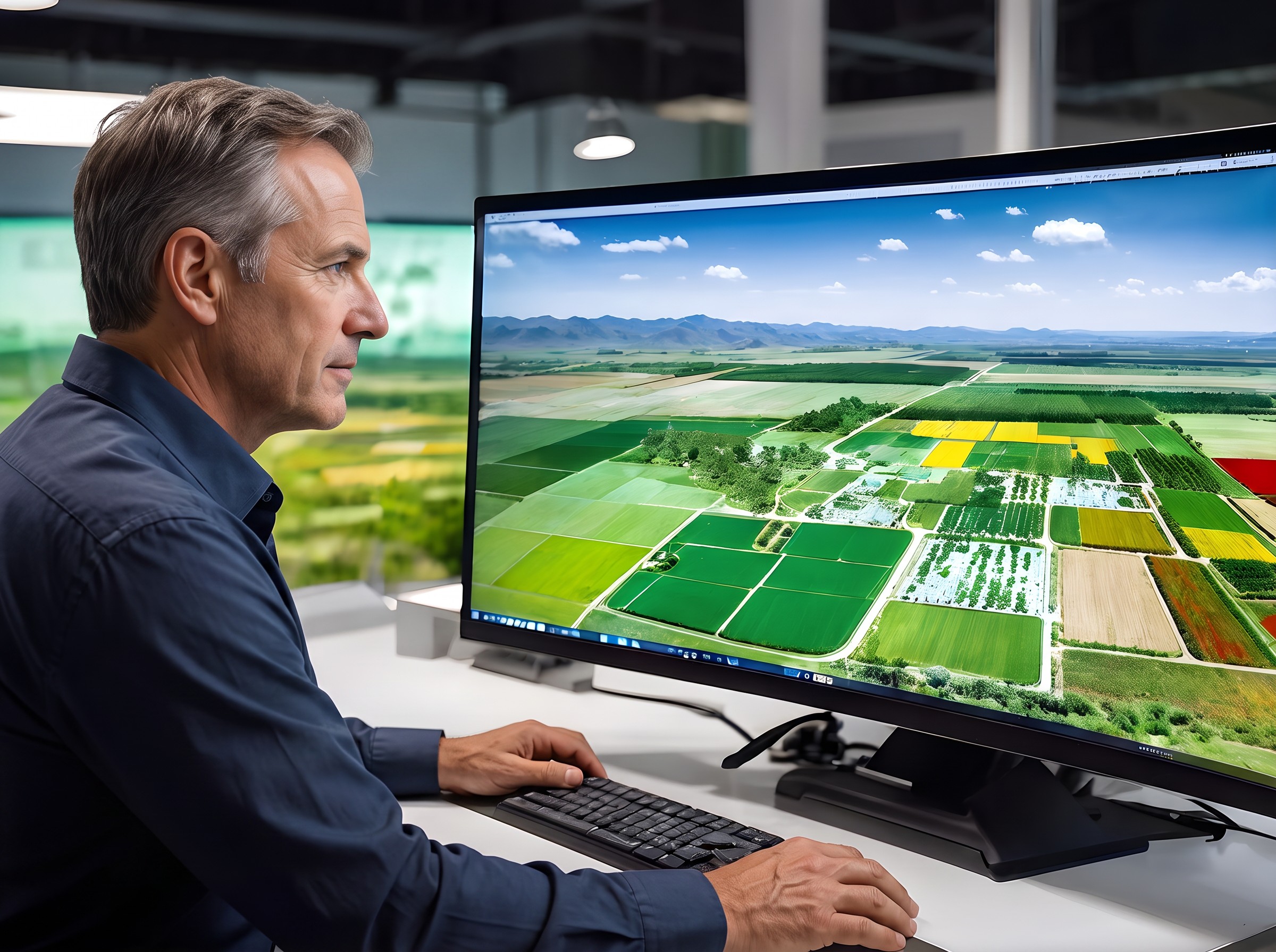 A man viewing aerial farm mapping software on a monito